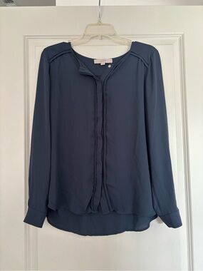 LOFT Slate Blue Ruffle-Trim Long Sleeve Blouse